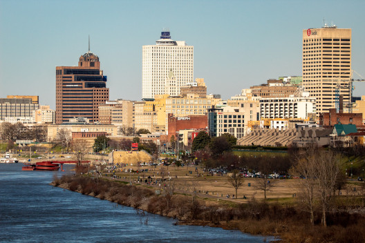 Memphis city skyline with the Mississippi river in forground